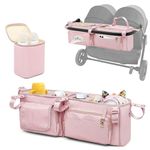 Prokva Double Stroller Organizer Compatible with BOB Duallie and Baby Jogger City Mini GT2 Double Stroller, Double Parent Stroller Caddy Organizer with Cup Holder and Cooler Bag, Pink (Empty Bag)