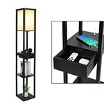 PULUOMIS Floor Lamp with Shelves, 3 Tier Storage Standing Lamp with LED Bulb, 2 USB Charging Ports and 1 Drawer, Modern Reading Lamp for Living Room, Bedroom, Office, Home Decoration, Black