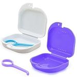 Keedolla 2 Pcs Denture Box Retainer Case with Vent Holes, Dental Retainer Box Holder Case Mouthpiece Case with Invisible Braces Removal Tool - Purple and White