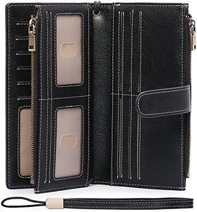 GOIACII Womens Wallets Large Capacity Credit Card Holder Rfid Wallet Women Double Zipper Pocket Leather Bifold Ladies Wristlet Clutch Wallet, A04-Black, Large, Vintage