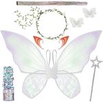 VillbeCoser Fairy Wings Costume for Adult Girls, Butterfly Wings Hair Clips Elf Ears Garland Wand Hair Tinsel Halloween White