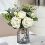 Leftover Faux Flowers in Vase,Silk Roses Artificial Flowers in Vase,Fake Flowers with Vase,Table Centerpiece Decor,Faux Flowers Arrangement for Home Kitchen Dining Living Room Bathroom