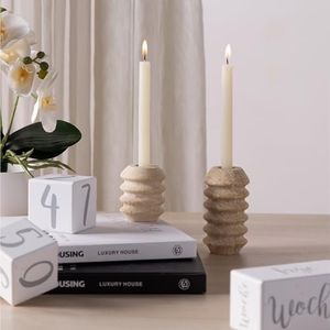 Navaris Porta Candele Ceramica Set 2 - Portacandele da Tavolo - Porta Candela Elegante - Candeliere Beige - Decorazioni Casa - Centrotavola Moderno Design