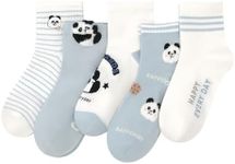 DIYBIRD Thin Crew Women Viscose Bamboo Cotton Socks Ankle Cute Pattern Stripe Novelty Girls Preppy Sock 5 Pairs (One Size, Panda/Blue)