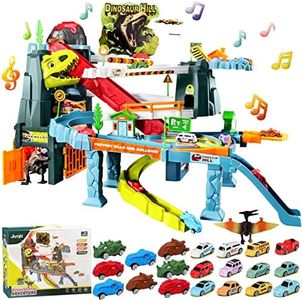 Juqic Children's Toy Car Ramp Track Dinosaur Spray Hills Adventure Railcar Slot Car Vehicle Race Play Set with 20 Mini Cars for Preschool Boys Puzzles Gifts Kids Ages 3 to 6 or Older (Spray Dinosaur)