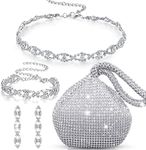 MTLEE 4 Pieces Rhinestone Necklace Choker Bracelet Earring Clutch Purses Jewelry Set Women Crystal Triangle Bling Diamond Purse Rhinestone Bag for Wedding Party, Rhinestone crystal, Rhinestone Diamond