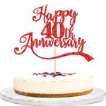 ZHUOWEISM 1 PCS Happy 40th Anniversary Cake Topper Glitter 40th Wedding Anniversary Cake Pick Decorations for Wedding Anniversary Party Supplies Red