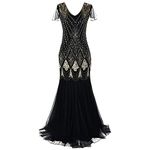 Flapper Dresses 1920s Gatsby - Womens Vintage V Neck Beaded Sequin Mermaid Hem Formal Evening Party Dresses Plus Size Cocktail Maxi Gown Prom Halloween Fancy Dress Costume Black + Gold 2XL