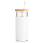 Tronco 20 oz Glass Tumbler with Straw and Bamboo lid,Wide Mouth Smoothie Cups,Reusable Iced Coffee Cup, Tumbler with Silicone Protective Sleeve - BPA Free（White）