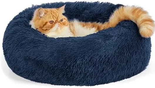 Bedsure Calming Cat Beds for Indoor Cats - Small Cat Bed Washable 20 inches, Anti-Slip Round Fluffy Plush Faux Fur Pet Bed, Fits up to 15 lbs Pets, Navy