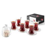 The Buybox 19 Pieces Traditional Turkish Tea Set Includes; 6 Glasses tea cups (4.5 oz), 6 Saucers, 6 Stainless Steel Spoons and Sugar Bowl with Glass Cover (8.6 oz)