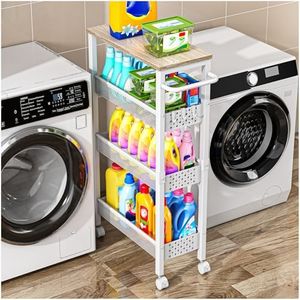 Vivihomety Utility Slim Storage Cart with Wheels, 4 Tier Small Rolling Cart with Wood Top, Metal Kitchen Bathroom Laundry Room Organization Trolley with Handle for Narrow Space - White
