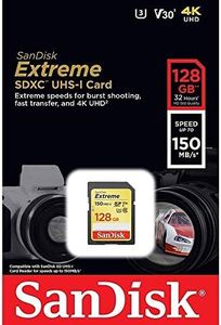 SanDisk 128GB Extreme SDXC UHS-I Memory Card - 150MB/s, C10, U3, V30, 4K UHD, SD Card - SDSDXV5-128G-GNCIN