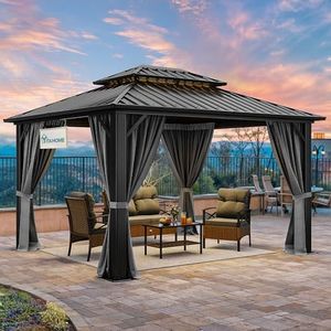 YITAHOME 10X12FT Hard Top Metal Gazebo Patios Double Roof Canopy Aluminum Frame Garden Gazebo Tent Curtains Netting for Patios Backyards Decks Lawns Gray