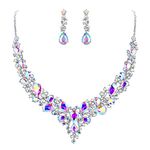 BriLove Wedding Women's Bridal Necklace Earrings Jewelry Set Austrian Crystal Teardrop Cluster Statement Necklace Dangle Earrings Set Iridescent AB Silver-Tone