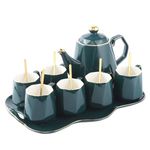 DUJUST 14 pcs Tea Set of 6 with Tea Tray & Spoons, Modern Diamond Design Tea/Coffee Cup Set with Golden Trim, Chic Porcelain Living Room Decor, Fine-China Teapot/Tea Party Set, Gift Package -Green