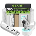 GearIT 360° Rotating Flat Plug Extension Cord (15ft, White) Multi 3-Outlet Extension 16 AWG Wire, Adapter for Small Spaces, Right Angle Socket, ETL Certified - 15 Feet