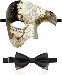 IncreDecor Masquerade Mask for Men Phantom of The Opera Half Face Mask with Bowtie, Venetian Masks for Halloween Party (Black)