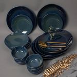 The White Space Living 'Indigo Blue' Handcrafted Matte Finish Stoneware Ceramic Black Dinner Set of 18 Pieces | 6 Dinner Plates, 6 Small Plates and 6 Katori | Microwave & Dishwasher Safe