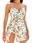 GRACE KARIN Women's Swimwear Trendy Double-Layered One-Piece V Neck Bathing Suit with Padded Bra White & Yellow Printed 2XL