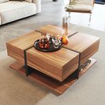 Merax Coffee Table with 4 Drawers, Unique Color Matching and Line Design, Living Room Coffee Table with Storage Space at the Bottom, Modern Square Coffee Table, 78x78x36cm, Natural