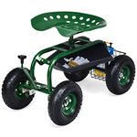 Giantex Mobile Garden Workseat, Lawn Wagon Cart, Patio Yard Stool Cart, Steerable Outdoor Utility Cart with Rotating Seat and Tool Basket (Green)