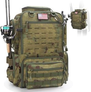 FunVZU Fishing Tackle Backpack, Water-resistant Fishing Backpack with Rod Holders for 4 Boxes (Boxes Not Included), Forest Green Camo, Fishing