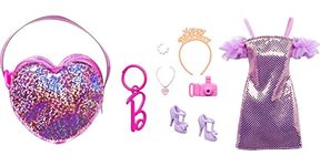 Barbie Clothes Set, Birthday-Themed with Dress, 5 Acessories & Zippered Doll-Sized Heart-Shaped Bag with Clip-On Ring