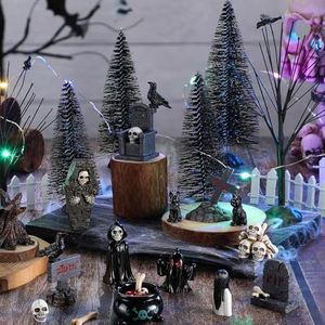 Liliful 32 Pcs Halloween Village Accessories Set Miniature Halloween Figurines Spooky Bare Branches Tombstones Skeleton Skulls Resin Halloween Horror Village Collections for Party Town Decorations