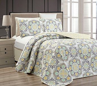 Mk Collection 3pc Queen Oversize Reversible Quilted Bedspread Set Floral Yellow White Gray Light Green New