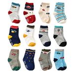 Wobon 12 Pairs Toddler Boy Non Skid Socks Cute Cotton with Grips, Baby Boys Anti-skid Socks , 1-3 Years, 12 Pairs Plane & Car