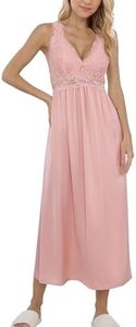 Alcea Rosea Womens Silky Nightgown Sexy Lace lingerie Long V neck Chemise Sleeveless for Elegant Women(Pink M)