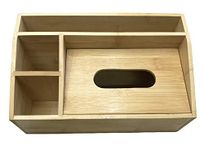 Natural Bamboo Wooden Multi-Function Tissue Box Holder - 4 Compartment Desk Organiser - Remote Control Holder Tissue Dispenser - Stationary Organiser and Condiment Caddy Organiser