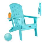 Plawdlik Folding Adirondack Chair, SGS Tested, Wooden Textured with Cup Holder, Heavy All-Weather HDPE Comfortable Set Poolside Backyard Lawn Aruba Blue