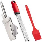 P-Plus International Pizza Cutter Wheel with Silicone Oil Brush and Cheese zester - Pizza Slicer Tool - Butter Brush - Spice Grater (Set of 3, Zester Long - Red)