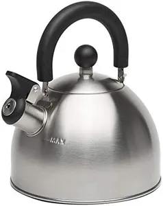 Primula Stewart Whistling Stovetop Tea Kettle Food Grade Stainless Steel, Hot Water Fast to Boil, Cool Touch Folding, 1.5-Quart, Brushed with Black Handle