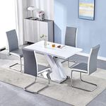 Panana Elegant White High Gloss Kitchen Dining Table 120CM X Shape With 4pcs Dining Chairs Set (White table with 4 white-grey chairs)