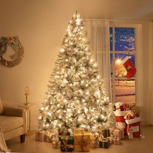 Naomi Home 7.5ft Snow Flocked Christmas Tree with Lights,Realistic Frosted Pine Prelit with Pine Cones, Foot Pedal 1556 Branch Tips, 750 Warm Lights & Metal Stand, Pre Lit Xmas Tree