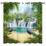 YUANZU Nature Curtains - Forest Peacock Wild Parrot Bird Jungle Waterfall Scene Print Pattern Eyelet Thermal & Room Darkening Blackout Window Drapes for Bedroom Living Room 2 Panels W229cm x D229cm