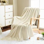 Vessia Flannel Fleece Throw Blanket for Couch,Sofa,Bed(50x70inch), 300GSM Microfiber Cream Striped Chair Blanket for Adults and Kids, Super Soft Warm Cozy Lightweight Ivory Ribbed Throw for All-Season