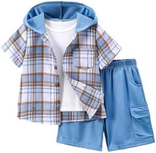 Jolyshlid Boys 2 Pieces Clothing Shorts Set Short Sleeve Plaid Button Down Shirt and Cargo Shorts Set Blue 13-14Y