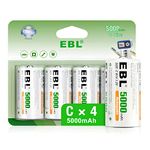 EBL 4 Pack Rechargeable C Batteries, 5000mAh High Capacity, 1.2V Ni-MH C Battery (New Retail Package)