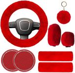 Fluffy Steering Wheel Cover Set for Women, YUNXNYC 1 Set 8 Pieces Fluffy Car Accessories Set Soft Fuzz Handbrake Cover Gear Shift Cover Fur Seat Belt Shoulder Pads Furry Ball Key Chain (Red)