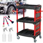 Rolling Utility Detailing Tool Cart Organizer,3 Tier Car Wash Detail Trolley with 2 Hanging Plate,Hooks,for Mechanics & Detailers During Repairs Car Wash/Wax Mobile Utility Cart