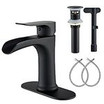 Mosson Bathroom Faucet Waterfall Brass Bathroom Sink Faucet with Pop-Up Drain & Deck Plate,Matte Black Single Handle Bathroom Faucet for Sink 1 or 3 Hole Deck Mount