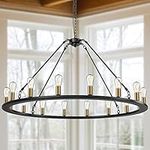 VONFAME 16-Light 48" Large Wagon Wheel Chandelier- Rustic Vintage Round Farmhouse Industrial Country Style Pendant Light Fixtures for Kitchen Island Dining Living Room Foyer Entryway, Black Finish