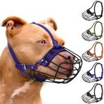 Pitbull Dog Muzzle Breathable Metal Basket for Large Dogs Amstaff Staffordshire Terrier Secure Wire Mask Adjustable Durable Leather Straps Biting Chewing Barking (Purple)