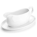 Nucookery Large 17 Oz Gravy Boat with Saucer, White Fine Porcelain Saucier With Big Dripless Lip Spout, Bowl For Thanksgiving, Warming Sauces, Salad Dressings, Milk, More, Microwave & Freezer Safe