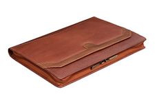 BRAND LEATHER Genuine Leather Premium File Folder Mobile Case Tablet Case Pen Holder Earphones Space Card Holder Compartment Office Stuff Portfolio (TAN)