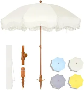 MFSTUDIO 7ft Patio Beach Umbrella with Fringe, Tassel Umbrellas UPF50+ with Sand Anchor & Tilt Button, Holiday Outdoor Umbrella with Carry Bag, Ideal for Garden Lawn Poolside, Off-white